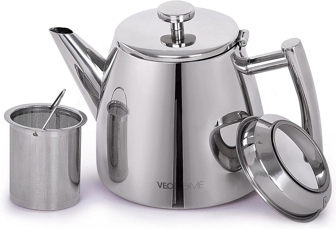 VeoHome Stainless Steel Tea Pot with Infuser - Keeps Heat Thanks to its Double Wall, Silver (1 Liter (34 oz))