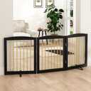 Freestanding Pet Gate for Dogs, Foldable Wooden Dog Gate for House, Indoor Dog Gate for Doorways, Stairs, Step Over Pet Puppy Safety Fence, Support Feet Included,24" Height 3 Panels,Black&Gold