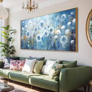 Wall Art Modern Artwork Blue Dandelion Wall Decor Floral Picture Canvas Painting for Living Room Bedroom Dining Room Home Office Decor 30"x60" with Framed (58L" x 29W")