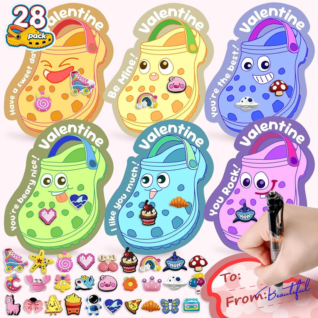 Valentine's Day Cards for Kids School - 56 Shoe Charms Bulk & 28 PCS Shoe Cards for Gift Exchange, Valentines Day Gifts for Kids Classroom, Party Favors & Non-Candy Prizes for Boys and Girls, 3 Age +
