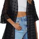 Womens Kimono for Summer Puff Sleeve Cardigan Casual Loose Fit Beach Cover Ups Resorts Swimwear 2026 (Black, L)