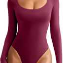 REORIA Women's Sexy Basic Scoop Neck Long Sleeve Double Lined Layering Slim Bodysuit Tops (Burgundy), XS