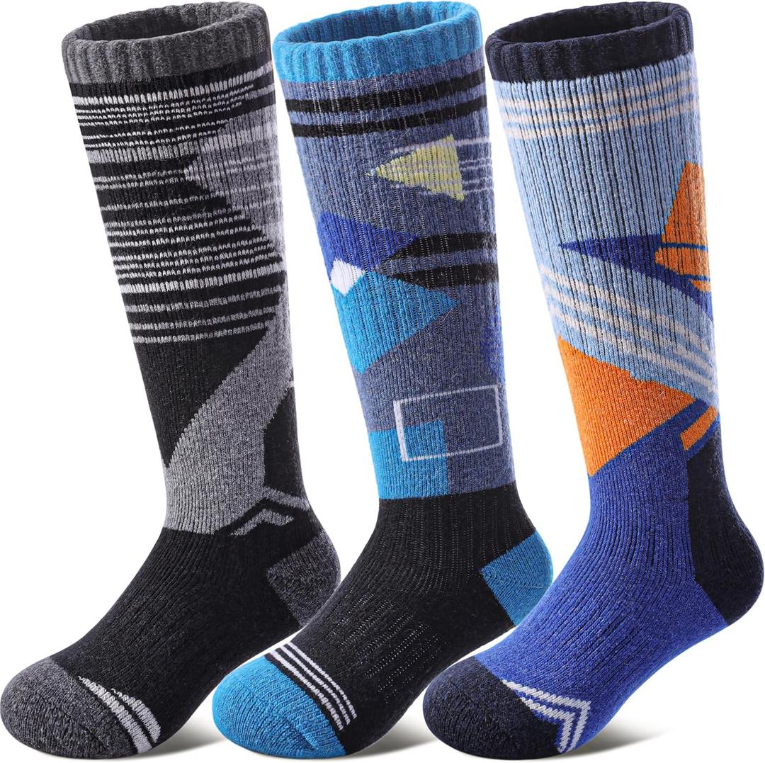 Kids Merino Wool Ski Socks Boys Girls Thermal Winter Warm Thick Cozy Socks for Skiing Snowboarding 3 Pairs (8-12 Years, Splicing Blue, Black, Grey)