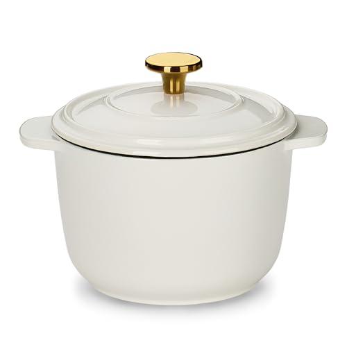 CAROTE 2QT Enameled Cast Iron Dutch Oven Pot with Lid, Mini Round Dutch Oven for Small Sourdough Bread, Stews, Soups, Sauces, Beans, Rice, Serves 1-2, Dual Handles, Healthy & Non-Toxic, All Stovetop Compatible, Oven Safe up to 500° F, White