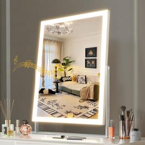 Hansong Vanity Mirror with Lights 11.8"x 16" Hollywood Makeup Mirror with Bluetooth Speaker 3 Colors Dimmable and 360 Rotation 10X Magnification Light Up Mirror for Desk