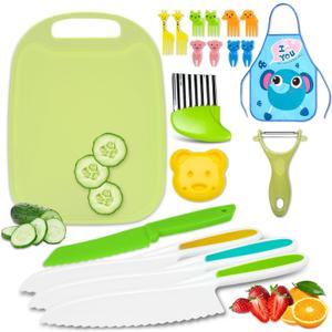 19 Pcs Kids Cooking Sets , Montessori Kitchen Tools for Toddlers, Safe Knife Set for Real Cooking ,Vegetable Crinkle Cutters Serrated Edges Plastic Toddler Knifes , Toddler Toys Set for Real Cooking