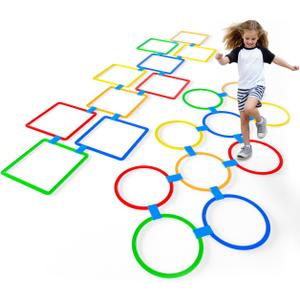 2 Sets Hopscotch Rings, 20 Plastic Square & Round Hoops with 30 Connectors for Toddlers Gross Motor Skills, Indoor/Outdoor Agility Rings for Kids Playground Obstacle Courses(15 Inch)
