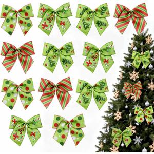 12Pcs Red Green Christmas Bows, 6 Inch Red Green Christmas Tree Bow Ornaments, Xmas Wreath Bow Premade Ribbons Ornaments for Tree Holiday Party Wreath Garland Gift Wrapping