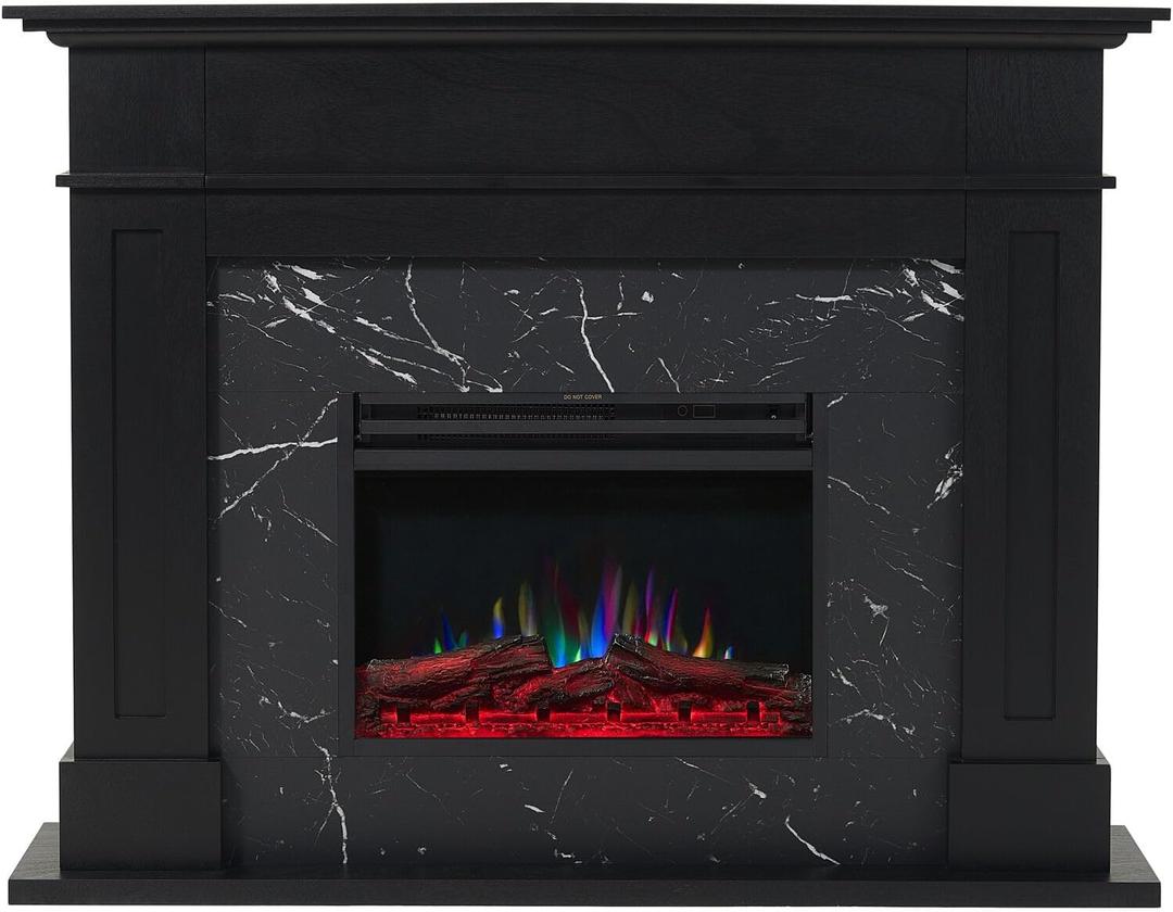 Cambridge Sofia 53-in. Freestanding Fireplace Mantel in Black with Black Marble Inlay and Log Display, Electric Heater Insert with Color Changing Flames for Living Room, Bedroom