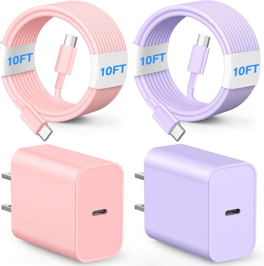 Phone Fast Charger, 10FT 20W USB C Charger, 2Pack Type C Charging Fast, Appple Charging Cord, Compatible with Phone 17/17 Pro/16/16 Pro/16 Pro Max/15/15 Plus/15 Pro/15 Pro Max-Pink and Purple