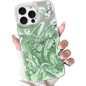 NITITOP Compatible for iPhone 13 Pro Max Case Cute Butterfly Pattern for Women Girl Glitter Laser Shiny Feather Yarn Style Aesthetic Shockproof Hard Protective Phone Cover - Green