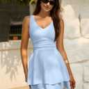 IWD Women's Sexy V Neck Sleeveless Corset Mini Dress Tiered Ruffle Hem A Line Short Party Club Dresses (Blue, L)