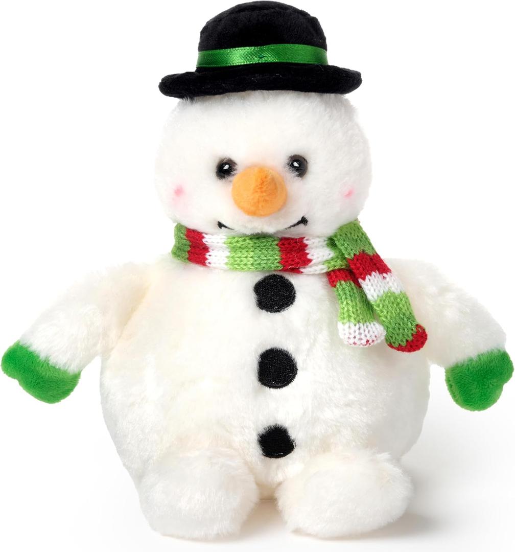 Bearington Snowball The Snowman Christmas Stuffed Animal - 7" Stuffed Snowman Plushie with Soft White Fur, Weighted Body, Festive Scarf and Classic Bowler Hat - Adorable Plush Christmas Toy for Kids