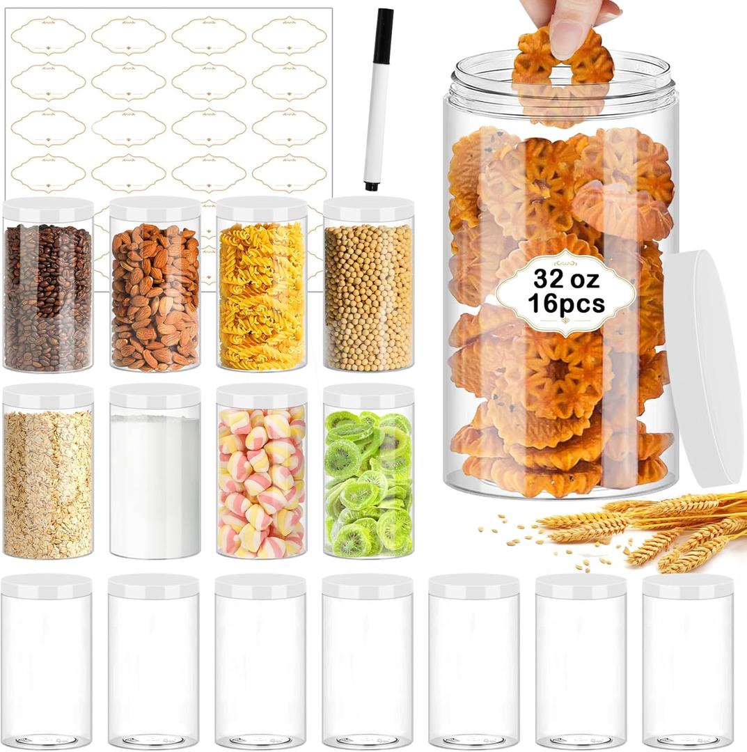 32 OZ Plastic Jars,16 Pcs Clear Plastic Jars with White Lids Round Empty Storage Jar Wide Mouth Refillable Storage Container with Lids for Household and Kitchen Food Organizing