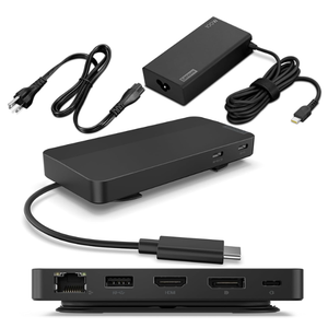 Lenovo USBC Dual Display Travel Dock w/ 100W Power Adapter  7 Ports, Integrated USBC Cable, Universal Compatibility, Dual Displays at 4K  Black