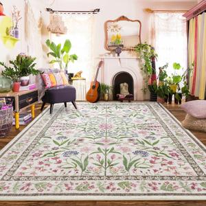 Amearea Large Area Rugs for Living Room, 9x12 Feet Boho Pink Rugs for Bedroom Girls, Cute Kids Room Print Carpet Vintage Low Pile Machine Washable Area Rugs, Office Nursery Dining Room Farmhouse Decor