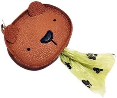 Cute Bear Leather Dog Poop Bag Dispenser Holder with Leash Clip | Adorable bear design, smooth leather exterior, water-resistant nylon lining, easy refill, hands-free clip