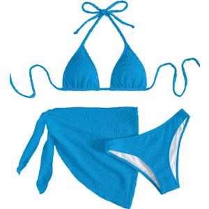 SHENHE Women's 3 Piece Textured High Cut Halter Triangle Bikini Swimsuit with Cover Up (Azure Blue)