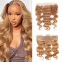 Blonde Transparent Lace Frontal Closure 13X4 Frontal Human Hair Ear To Ear #27 Blonde Body Wave Grade 10A Brazilian Remy Human Hair High Density Natural Hairline 16 Inch