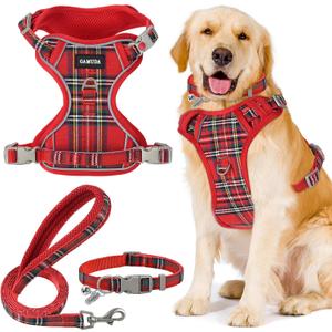 GAMUDA Dog Harness Collar and Leash Set, Dog Harness, No Chock No Pull Adjustable Vest Harnesses Plaid Reflective for Medium Dog, Cat, Small Horse, Small Bull and Pig (Red, XL)
