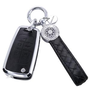 for Chevy Key Fob Cover with Keychain, Black Leather Crystal Key Case Protection Shell Compatible with Chevrolet Equinox Camaro Cruze Malibu Sonic Folding Key