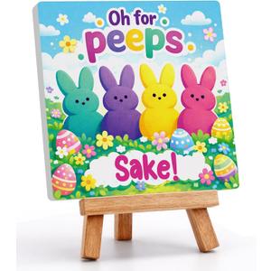 4 x Easter Bunny Decorations Decor - Ceramic Happy Easter Basket Stuffers Essentials Decoration, Rabbit Peeps Desk Sign Centerpieces for Home Table Tiered Tray Spring Farmhouse Oh for Peeps Sake