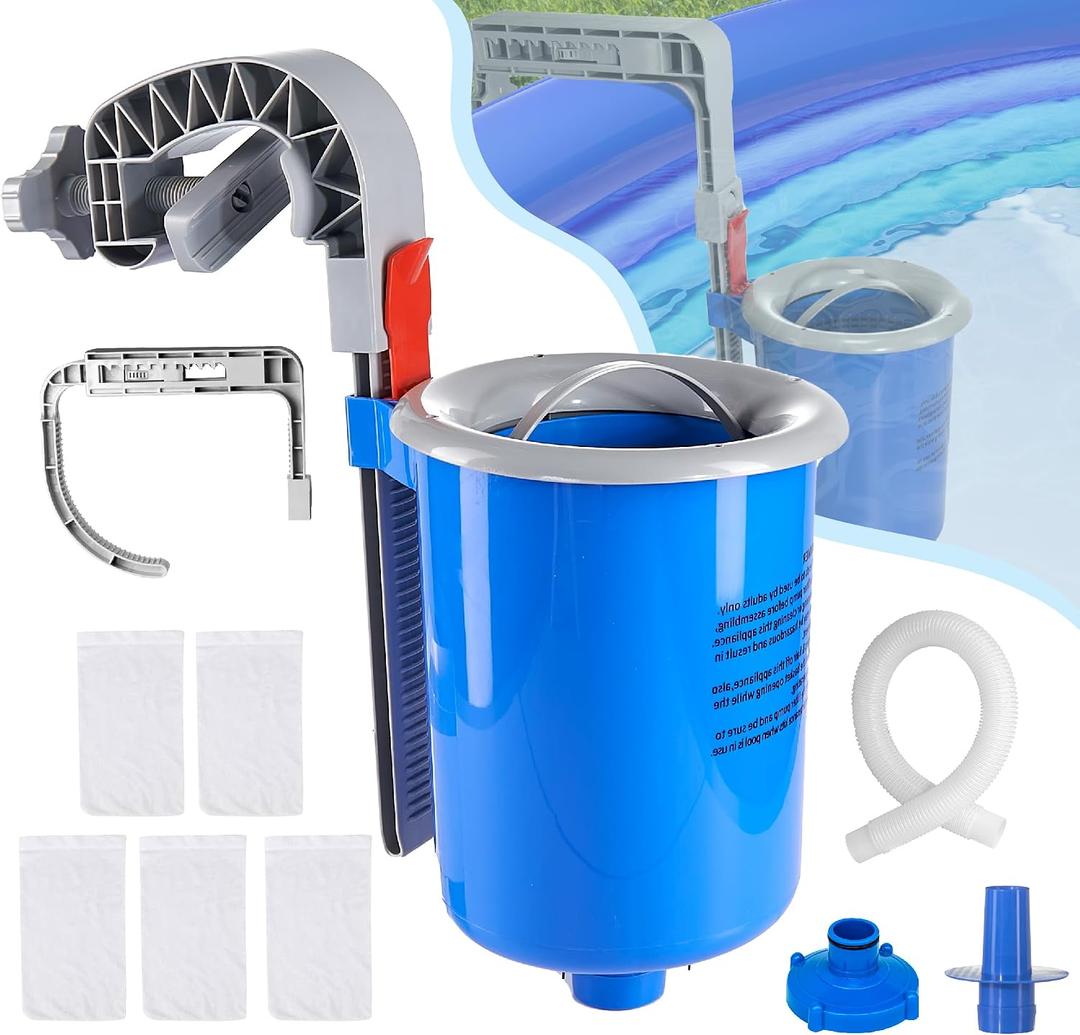 Above Ground Pool Skimmer with 5 Skimmer Socks, Wall Mount Surface Skimmer with Hose & Basket, Compatible with Intex Pools, Adjustable Floating Filter, Automatically Removes Leaves & Debris