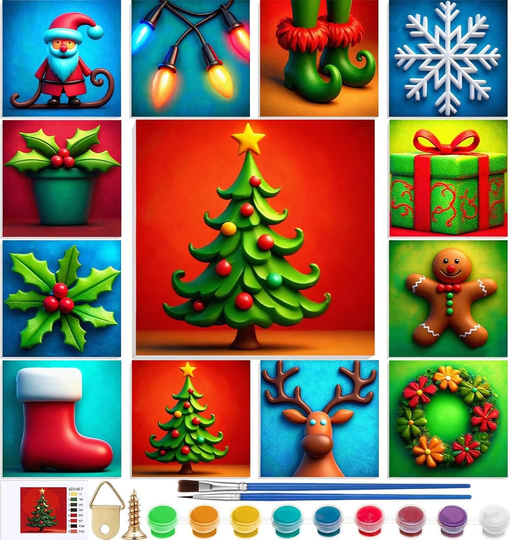 Nezyo 12 Sets Christmas Paint by Numbers Kit with Frame for Adult Beginners, Paint by Number DIY Acrylic Painting Canvas for Painting Party, Classroom Activity Birthday Gift, 8 x 8 Inch