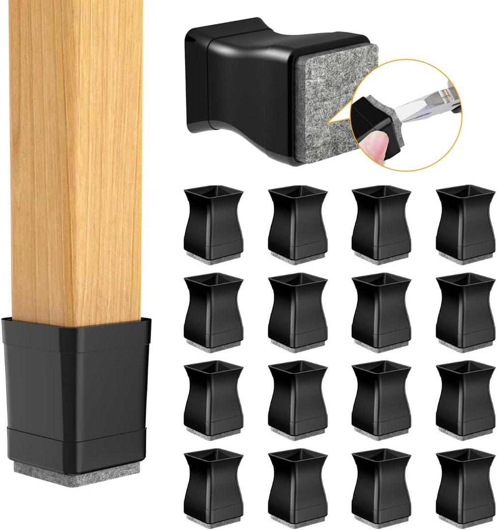 16 Pcs Square Chair Leg Protectors - Protects Wood & Hardwood Floors (Fit: 2" - 2 1/4" Black) (XX-Large)