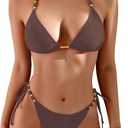 TASHEHE Women's Bikini Set High Cut Triangle Sexy Tie Swimsuit Two Piece Beads Shoulder Straps Bathing Suit (433 / Coffee Brown), S