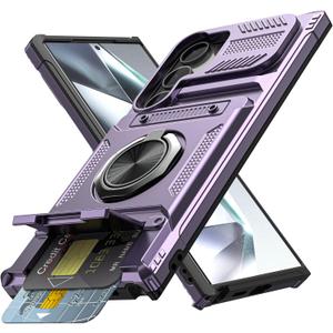 Vofolen for Samsung Galaxy S24 Ultra Case with Card Holder [Store 2 Cards] +360 Magnetic Rotated Ring Kickstand, Dual Layer Heavy Duty Shockproof Wallet Case Cover for Galaxy S24 Ultra, 6.8'' Purple