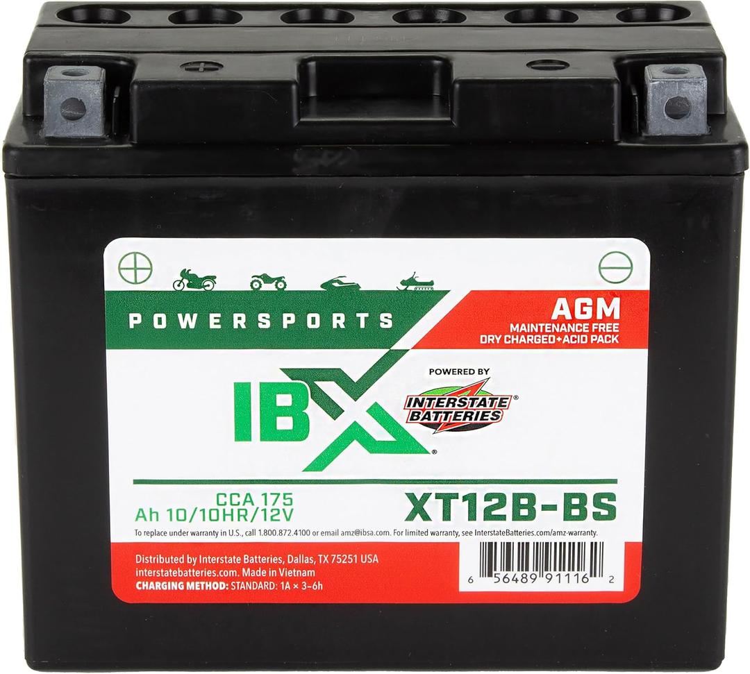 Interstate Batteries YT12B-BS 12V 10Ah Powersports Battery 175CCA AGM Rechargeable Replacement for Ducati, Triumph, Yamaha, Motorcycles, Scooters (XT12B-BS)