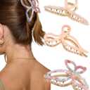 HAIMEIKANG 3 PCs Metal Acrylic Hair Bow Claw Clips - Strong Hold Non-Slip Large Gold Clips for Thick Hair (Pink Set)