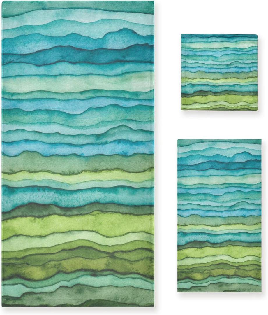 Teal Blue Green Bath Towel Set - 3 Piece Soft Absorbent Watercolor Sea Wave Striped (1 Bath, 1 Hand, 1 Washcloth) - Decorative for Bathroom, Shower, Hair, Face