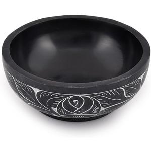 Kaizen Casa Hand Carved Natural Stone Smudge Bowl, White Leaf Design | Size 5' x 2' Black Ritual Bowl Display Jewelry Dish Kitchen Table Decor Gift