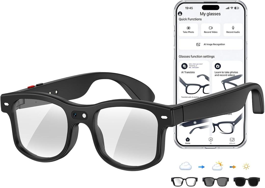 AI Smart Glasses with Camera, 8MP HD Video Recording Camera Smart Sunglasses, Bluetooth Translation Sunglasses, Touch Control Open Ear Audio glasses, Photochromic Lenses for Outdoor Sports Driving