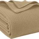 100% Cotton Blankets Queen Size for Bed - Waffle Weave Blankets for Summer, Lightweight and Breathable Soft Woven Blanket for Spring, White, 90x90 Inches (Beige, Queen (90" x 90"))