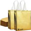 RACETOP 50 Pcs Gold Gift Bags Medium Size, 8x4x10 Inch Reusable Gift Bags with Handles & Sturdy Base, Ideal for Birthday, Wedding, Bachelorette, Party Favors, Holiday Goodie