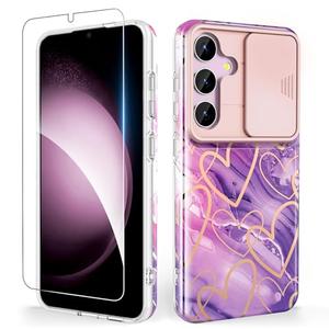 SHEDEER for Samsung Galaxy S24 Plus Case with Slide Camera Cover + Screen Protector, Samsung S24 Plus Case Shockproof Slim Thin, Glossy Fade-Resistant Pattern Phone Cases Cover for S24+ Plus, Heart