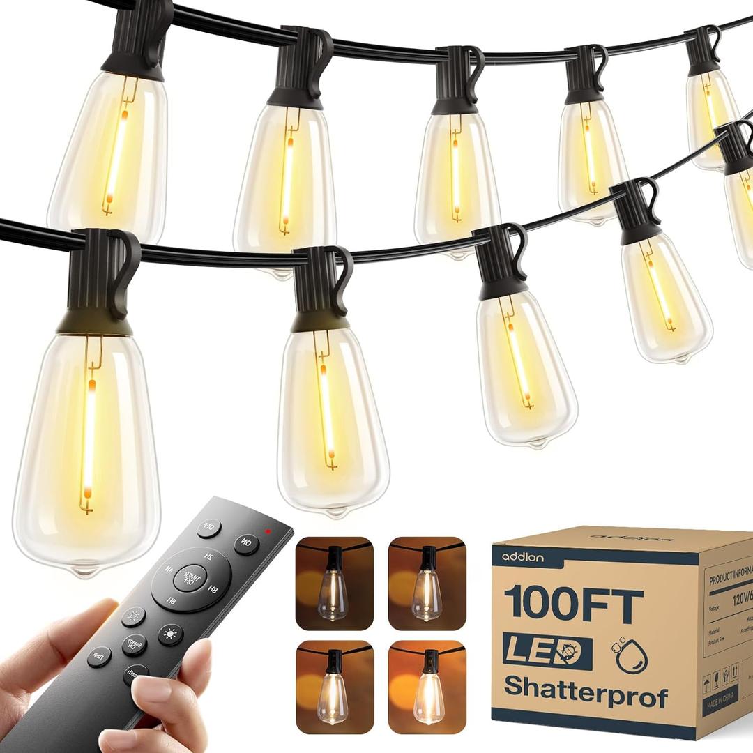 addlon 100FT LED Outdoor String Lights with Remote Waterproof Patio Lights with Shatterproof ST38 Replaceable Bulbs, Dimmable Outside Hanging Light Connectable for Porch, Backyard, 2200K (100FT(30 Sockets))