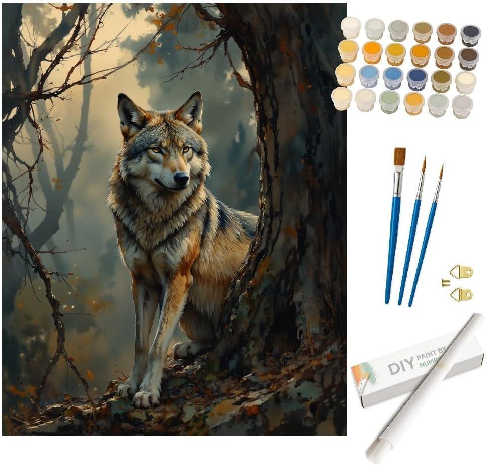 Wildlife Paint by Numbers Kit for Adults - DIY Lone Wolf in Forest Painting on Rolled Canvas 16x20 Inches, Acrylic Paint Set, Suitable for Beginners, Art for Home Decoration or Gifts