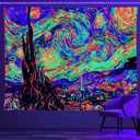 Van Gogh UV Tapestry Blacklight for Bedroom, Starry Night Backdrop Black Light Posters for Adults and Teens (91 x 71 Inches)