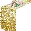 Pufogu 12 x 108 Inch Sequin Table Runner, Gold Glitter Premium Big Sequin Table Runners, Rectangle Table Runner for Halloween, Christmas, Wedding Party, Birthday Party, Banquet Decor (1 Pack).