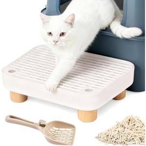 Litter Box Step, Litter Box Ramp with Removable Wooden Base  Anti-Tracking Ramp Catcher for Cats, Easy to Clean Cat Step for Small & Elderly Cats, with Scoop (White)