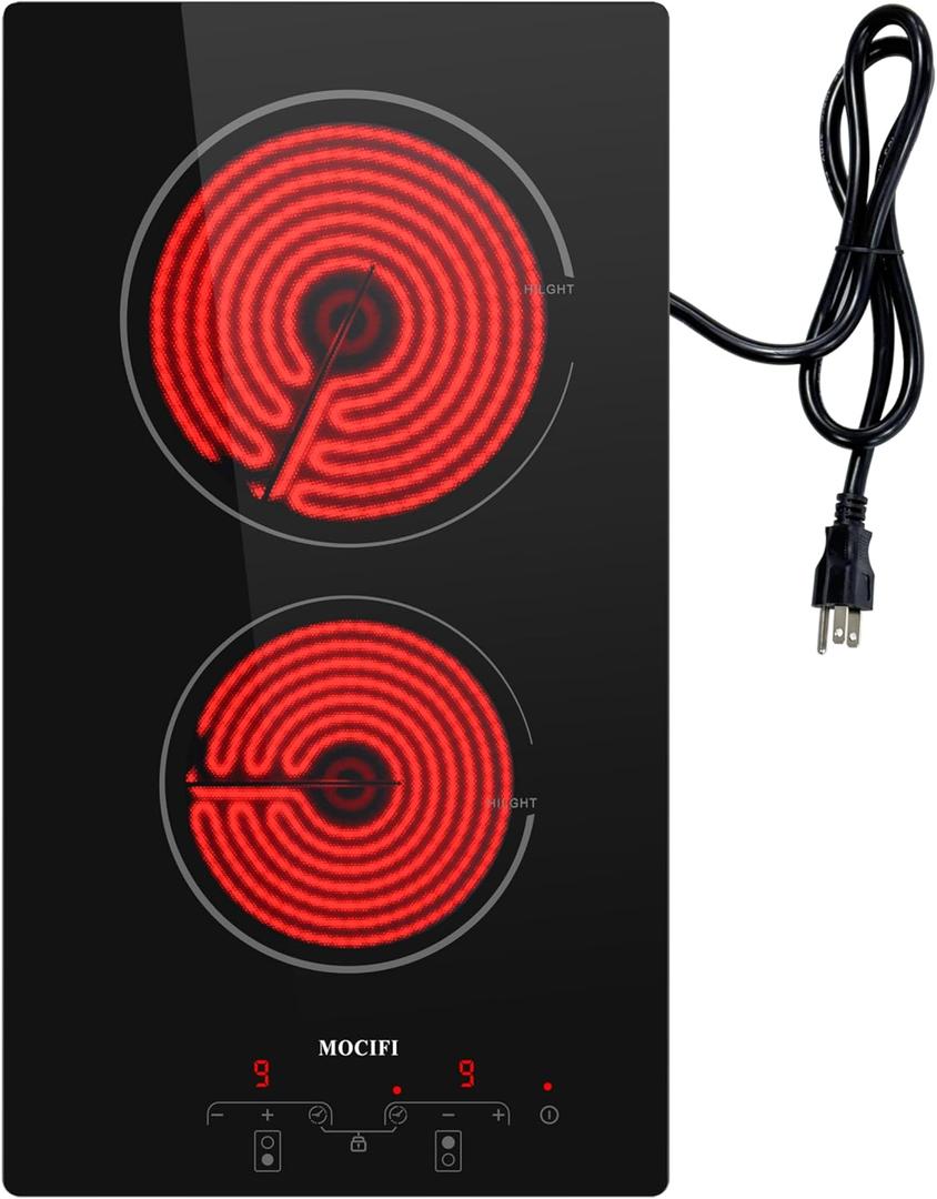12" Ceramic Cooktop with 120V Plug, Electric Cooktop 1700W 2-Burner, Touch Control with Timer & Child Lock, Built-in or Countertop