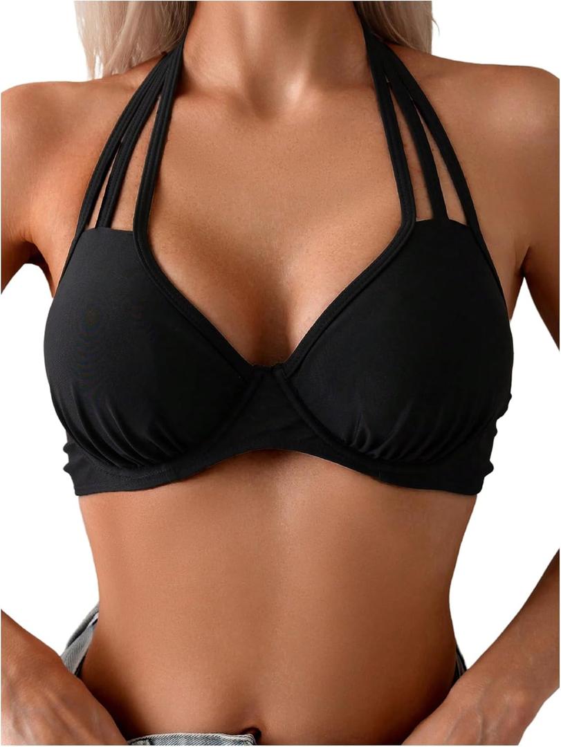 SweatyRocks Women's Cut Out Halter Bikini Top Push Up Underwire Bathing Suit Tops (Black, Size S)