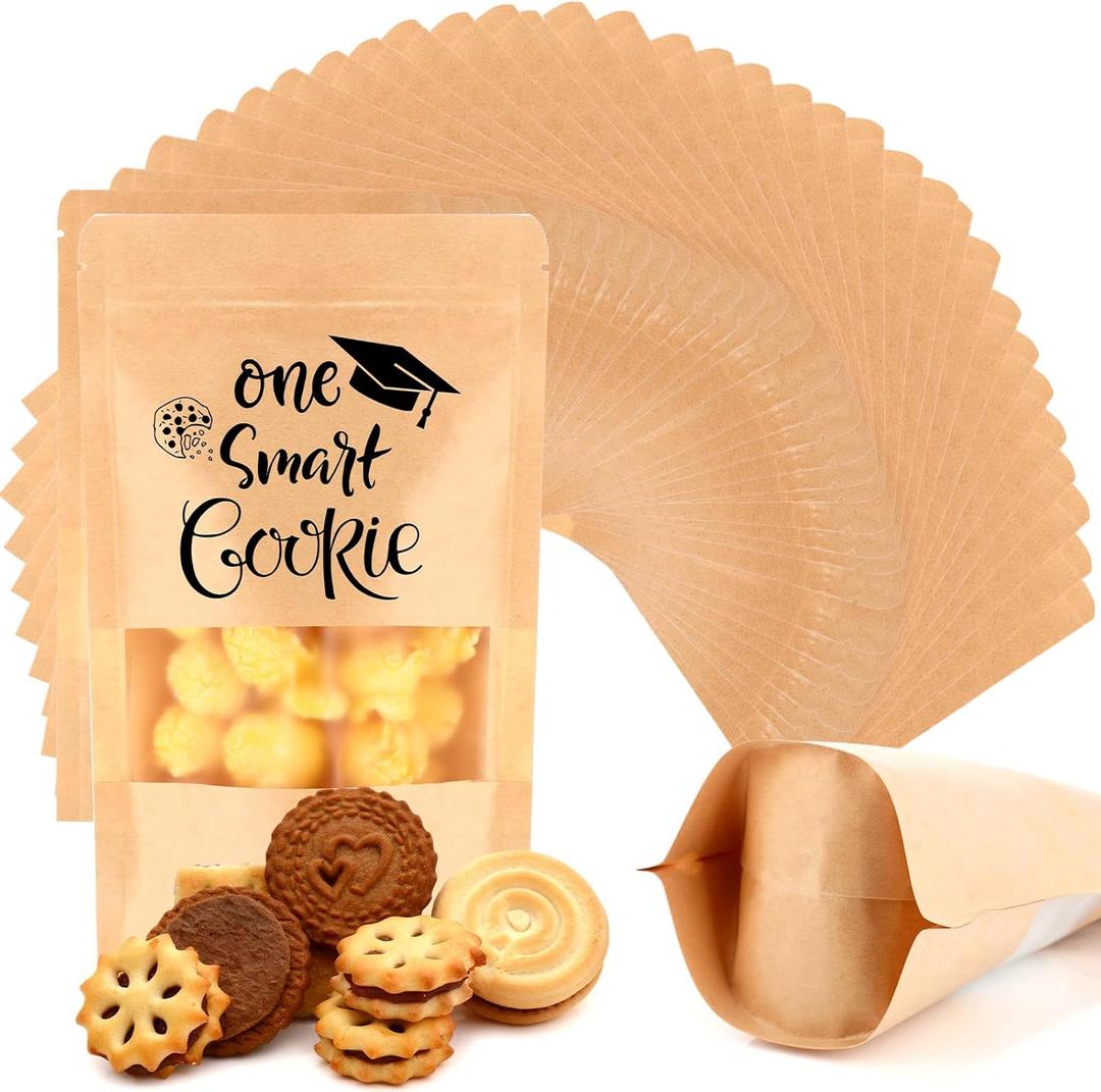 50 Pcs Graduation Cookie Bags One Smart Cookie Bags 2025 Graduation Party Favors for Guest Congrats Grad Kraft Paper Candy Snack Treat Pouch with Window