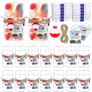 Wonderjune 24 Sets Fishing Party Favors Candy Little Tackle Boxes with Red White Floater Thank You Cards for Making My Reel Fun Fishing Theme Party Decorations