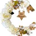 Eid Ramadan Mubarak Wreaths Ramadan Decorations 12.59 Inches for Muslim Home Front Door Eid Decor Round Metal Hoop Floral Hanging Garland for Islam Wall Window Indoors Outdoor Farmhouse Decor