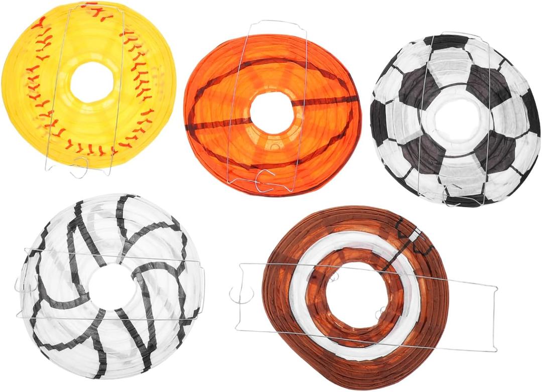 5Pcs Sports Ball Paper Lanterns Creative Basketball Football Rugby Baseball Volleyball Hanging Decorations for Party Event and Celebration Decor